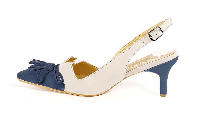 Denim blue and off white women's open back shoes, with a knot. Tapered toe. Medium slim heel. Profile view - Florence KOOIJMAN